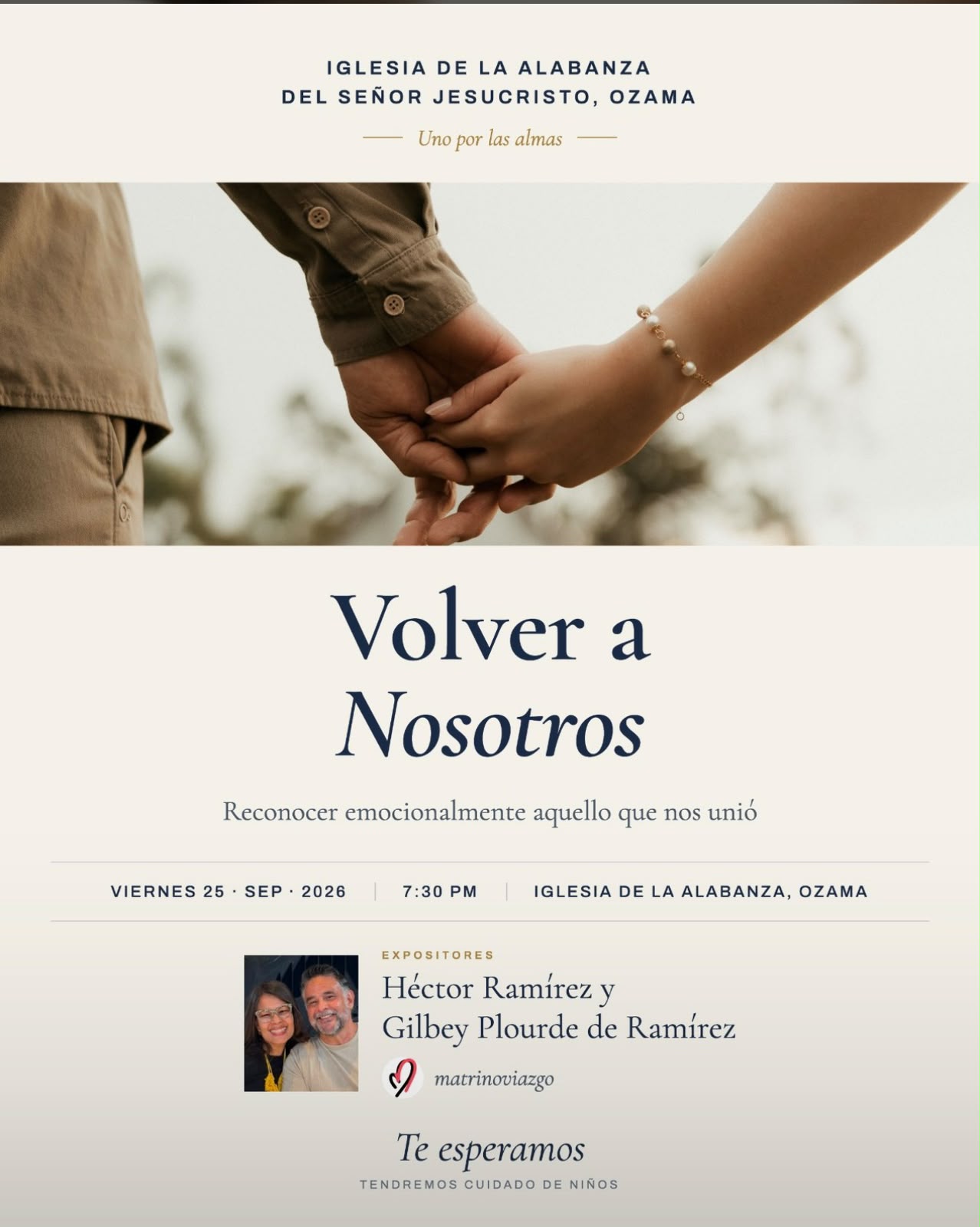 Afiche de Volver a Nosotros con información del encuentro, expositores y una pareja tomada de la mano